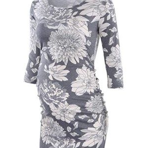 Floral Grey Maternity Bodycon Ruched Side Dress Casual Short 3/4 Sleeve Dress XL